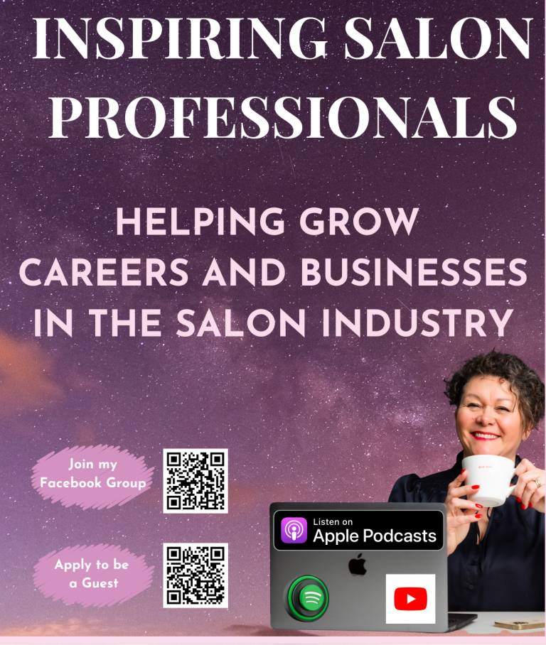 Inspiring Salon Professionals Podcasat Graphic showing Sue Davies with coffee mug and laptop and QR codes to join facebook group and for guest applications